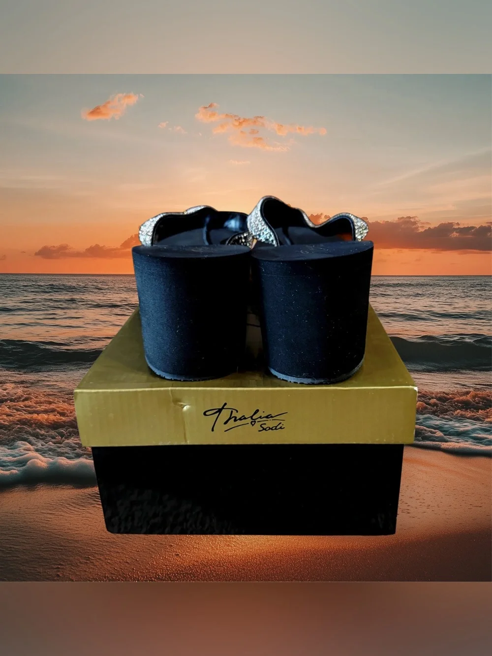 Thalia Sodi Black Wedge Flip Flop with Rhinestone Strap NIB size 10